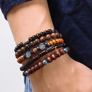 5 Pcs Set Simple Fashion Elastic Wooden Bead Handmade Couple Bracelet